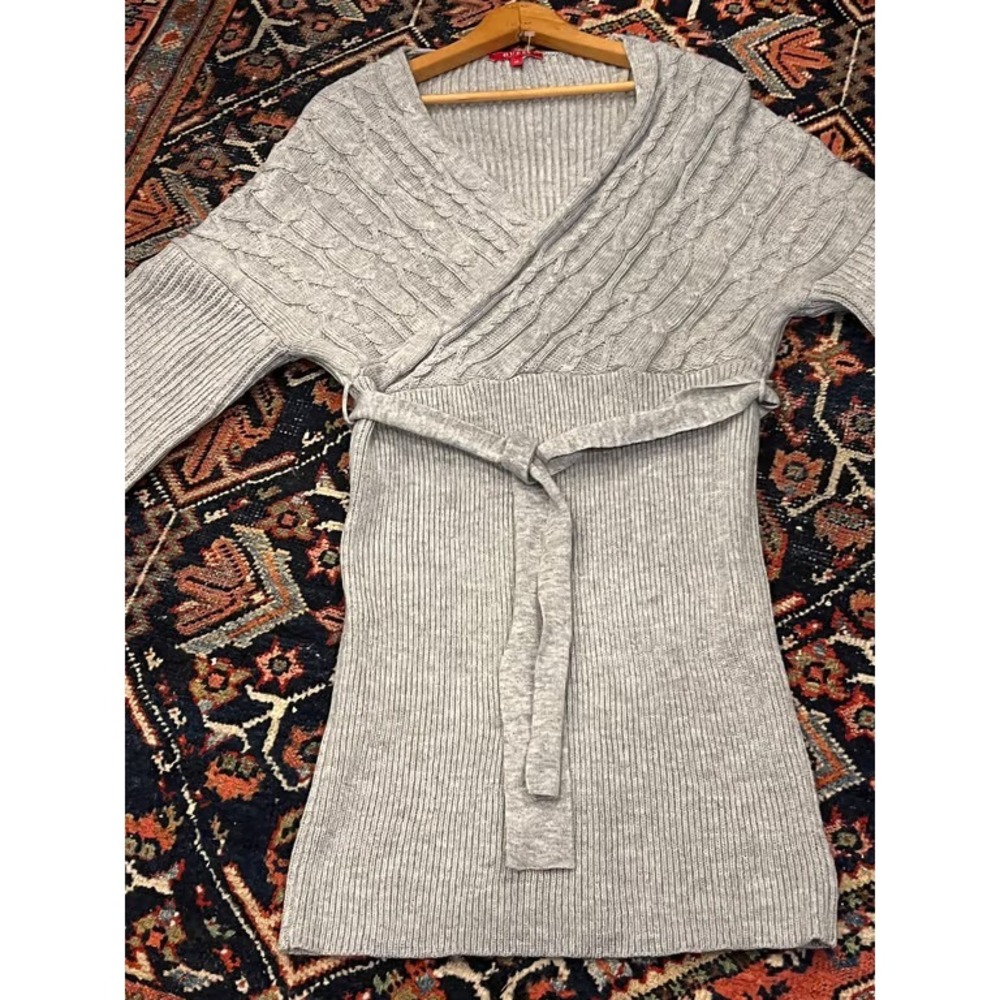 Guess Knitted Wrap Dress Women's Size M Gray Cable Knit Balloon Sleeve
